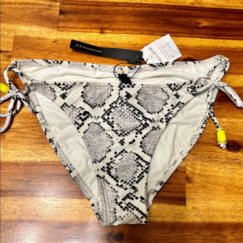 VIX Paula Hermanny Beaded Tie Side Snake Print Cheeky Bikini Bottoms $116 NWT!!